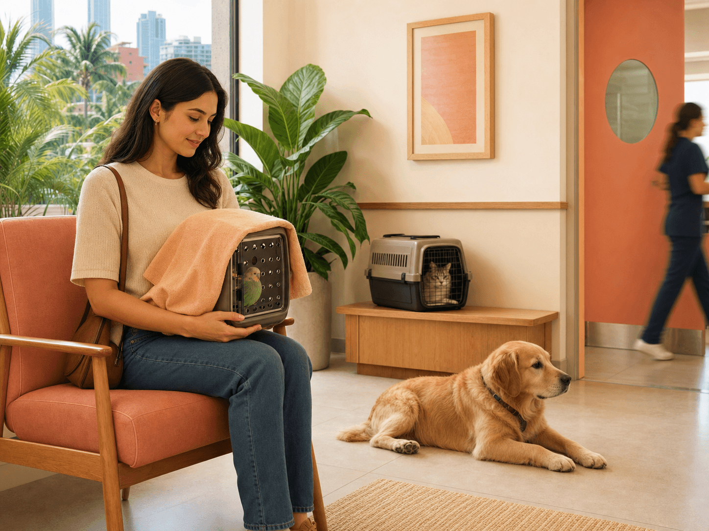 An owner keeps a bird carrier in a quiet corner of a veterinary waiting room away from other pets and foot traffic.