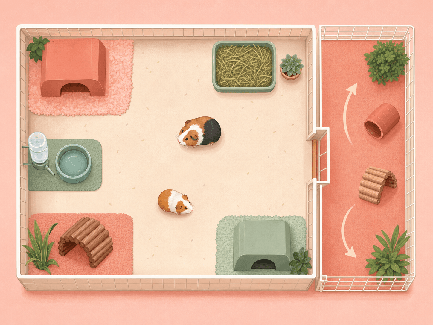 A top-down enclosure plan shows two hideouts, feeding areas, open floor space, and an attached run for two guinea pigs.