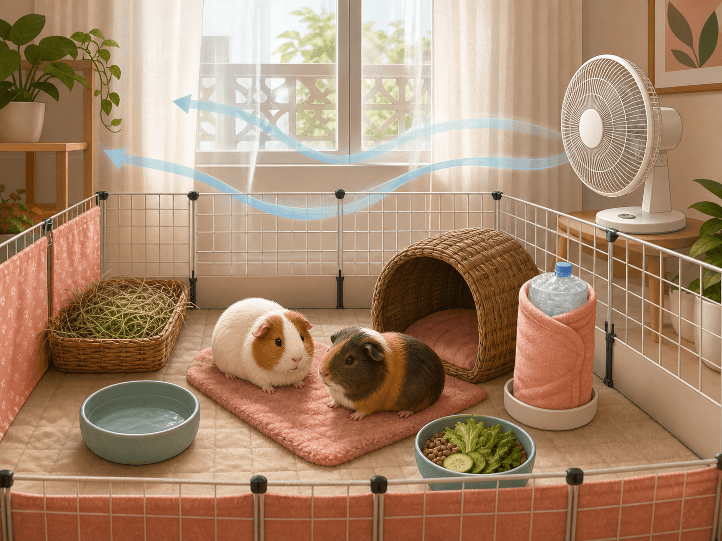 An indoor guinea pig pen is shaded from sun with airflow, fresh water, and a wrapped cooling bottle nearby.