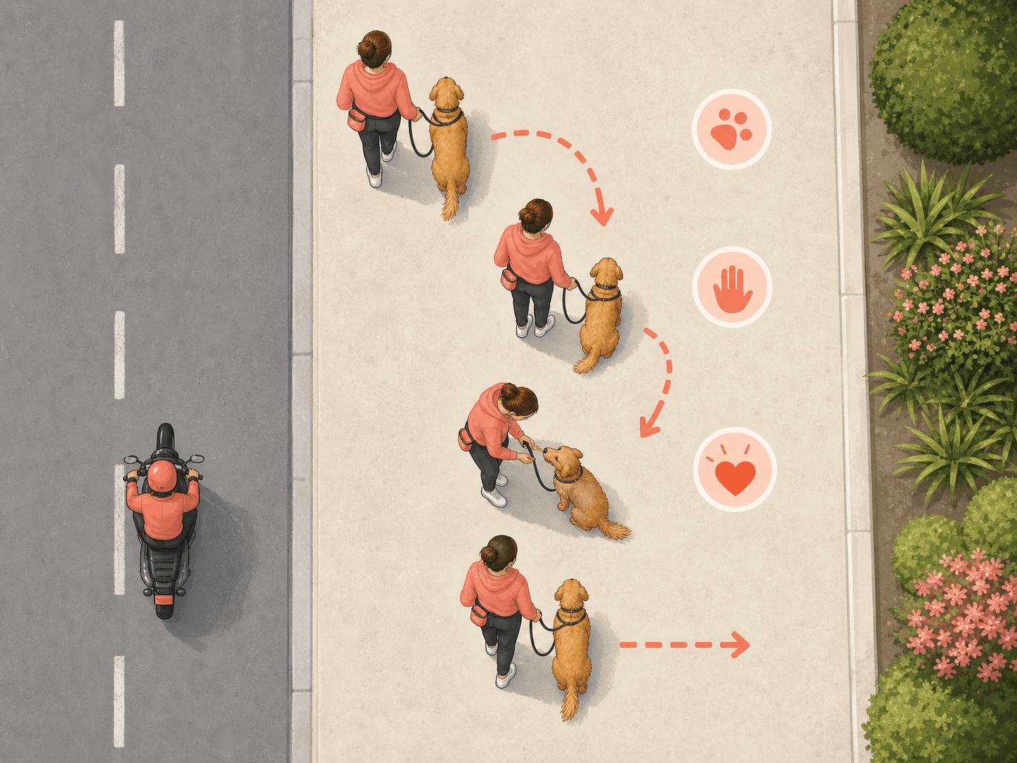 A top-down diagram shows a handler guiding a dog away from traffic before rewarding a calm pause.