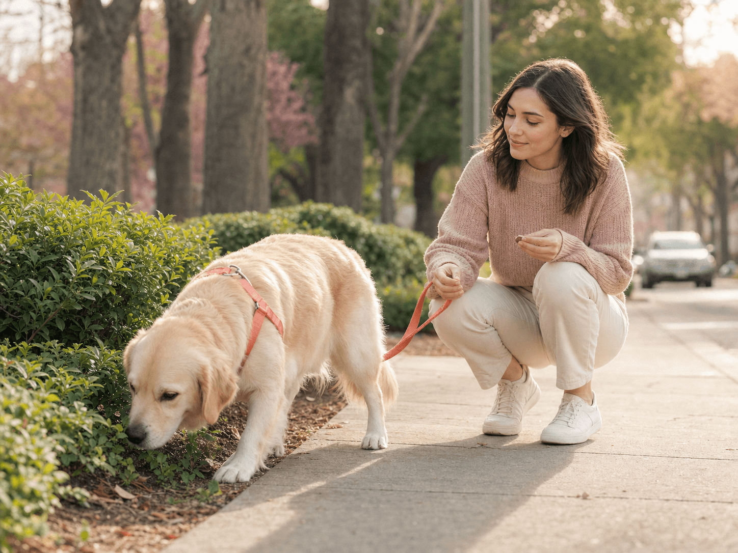 A dog sniffs calmly on a quieter side route while the owner waits with treats nearby.