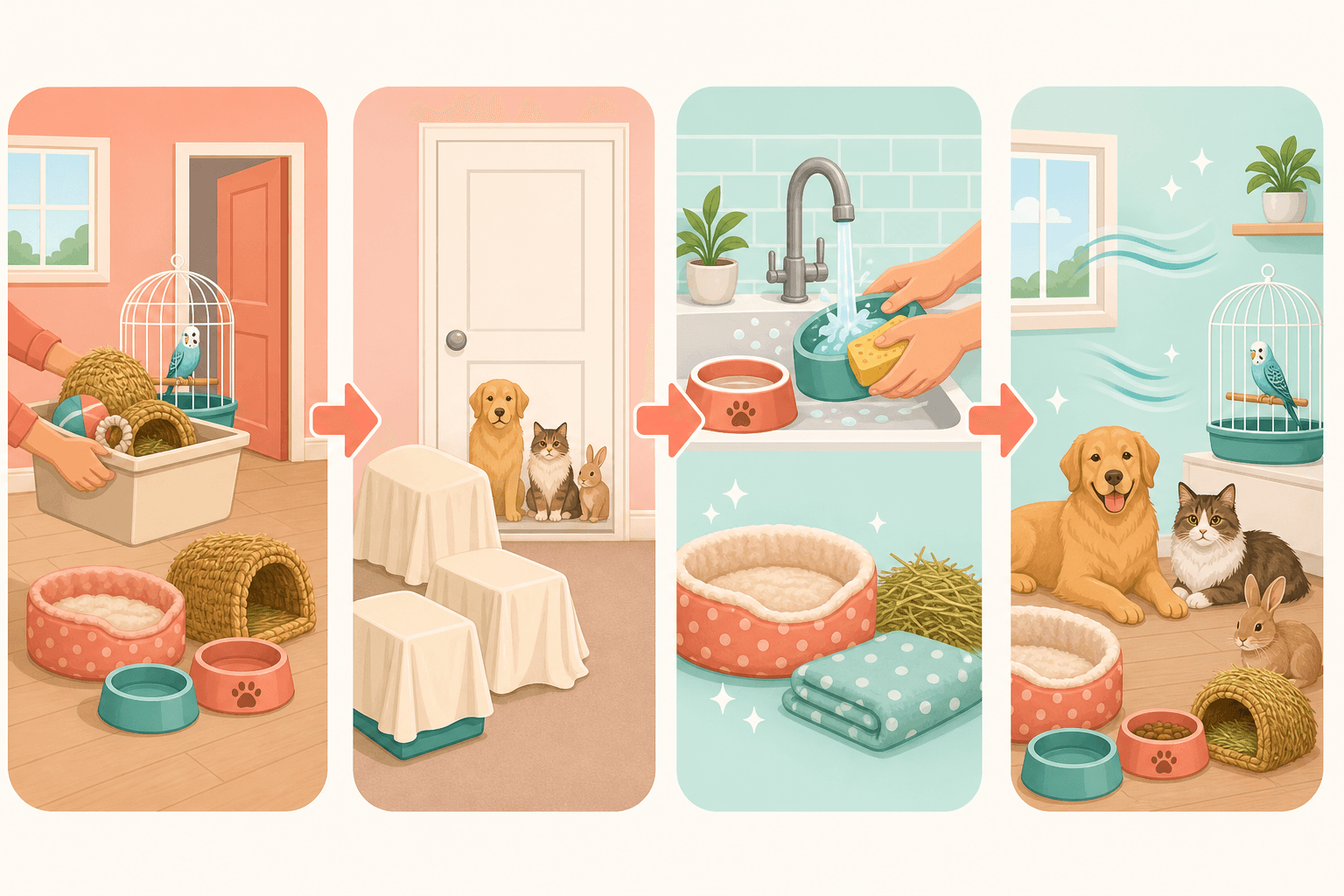 A four-step visual routine shows moving pet items, separating animals, cleaning exposed objects, and returning only when areas are safe.