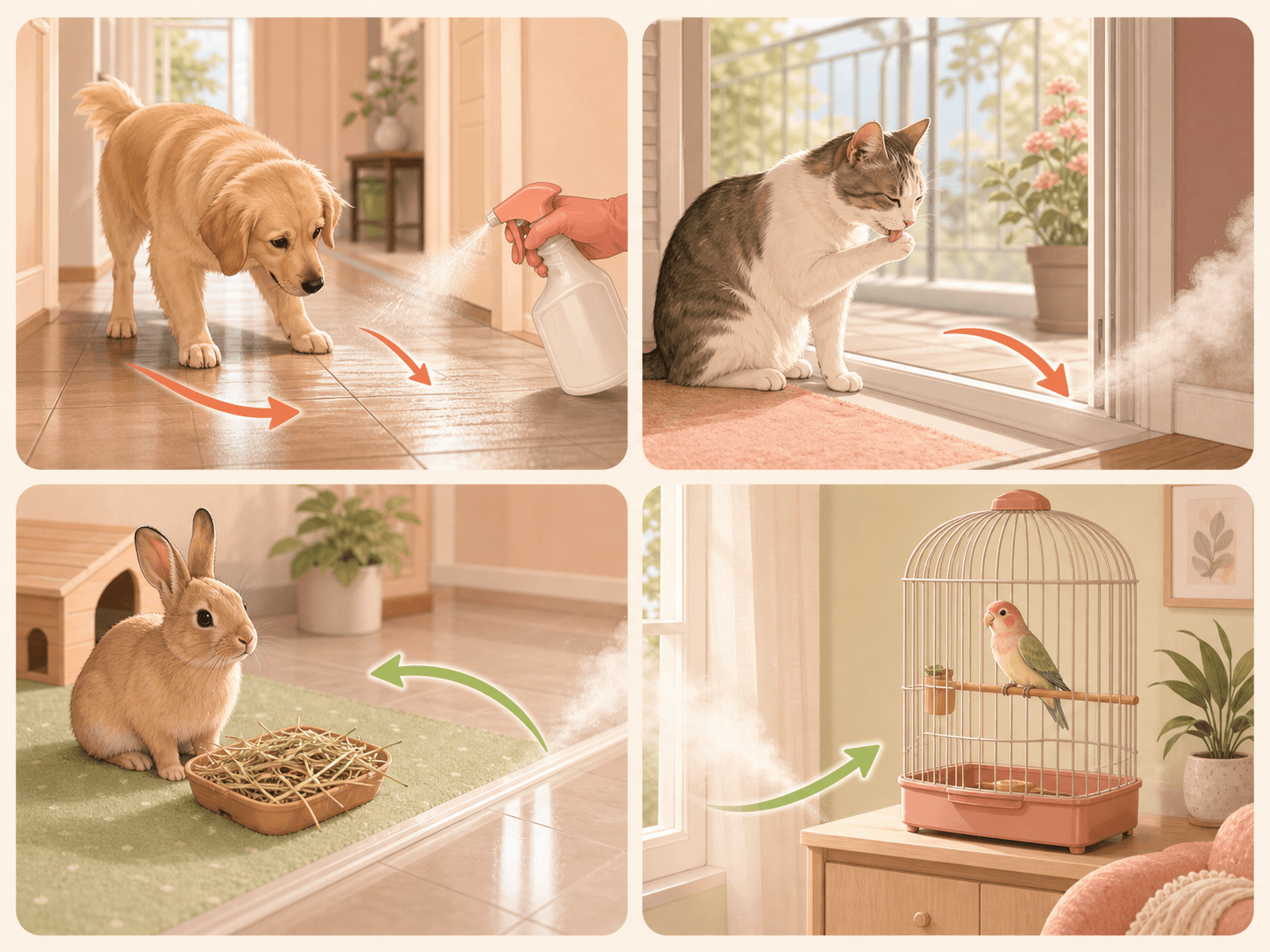 Dogs, cats, rabbits, and birds are shown with different residue and airborne exposure risks after pest control.
