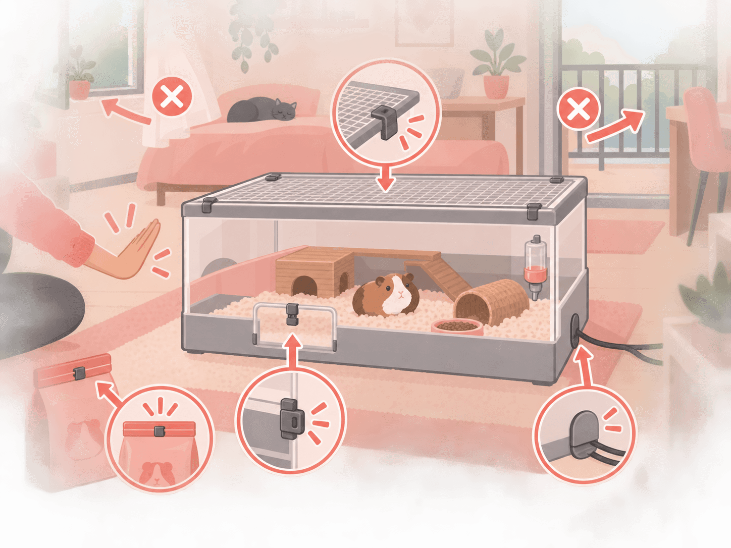 A diagram shows common escape points around a small-pet enclosure and safer placement away from windows and gaps.