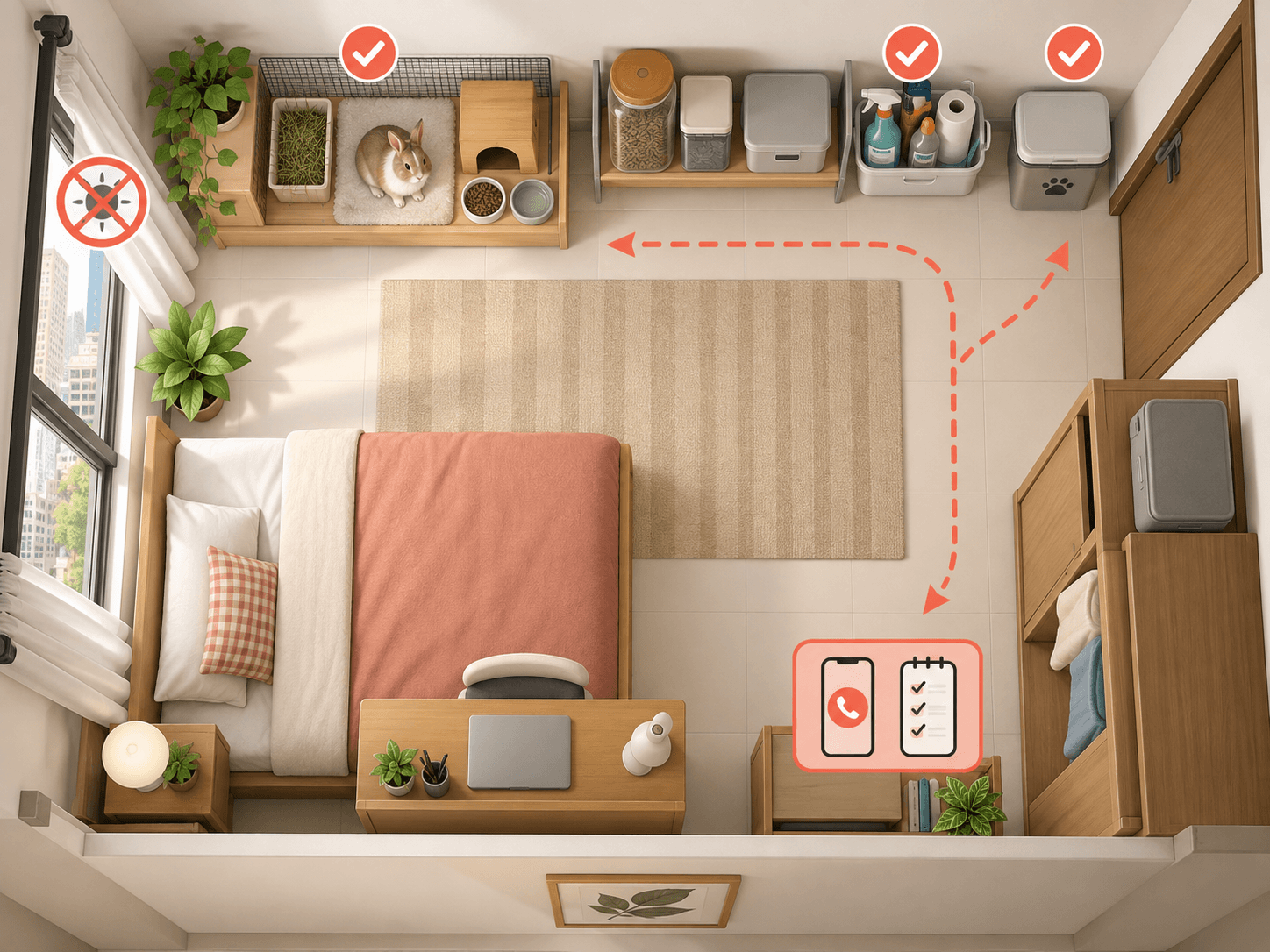 A top-down room plan shows a stable pet-care area separated from heat, foot traffic, food storage, and cleaning supplies.