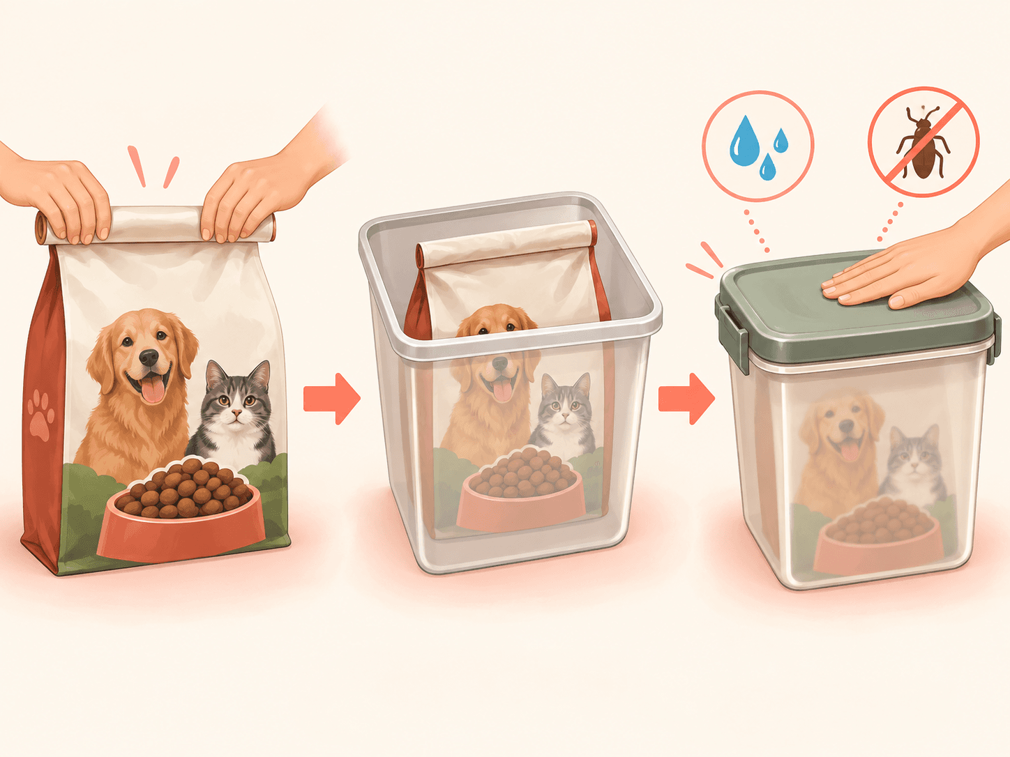 A three-step visual sequence shows a kibble bag being sealed, placed in a container, and covered with a tight lid.