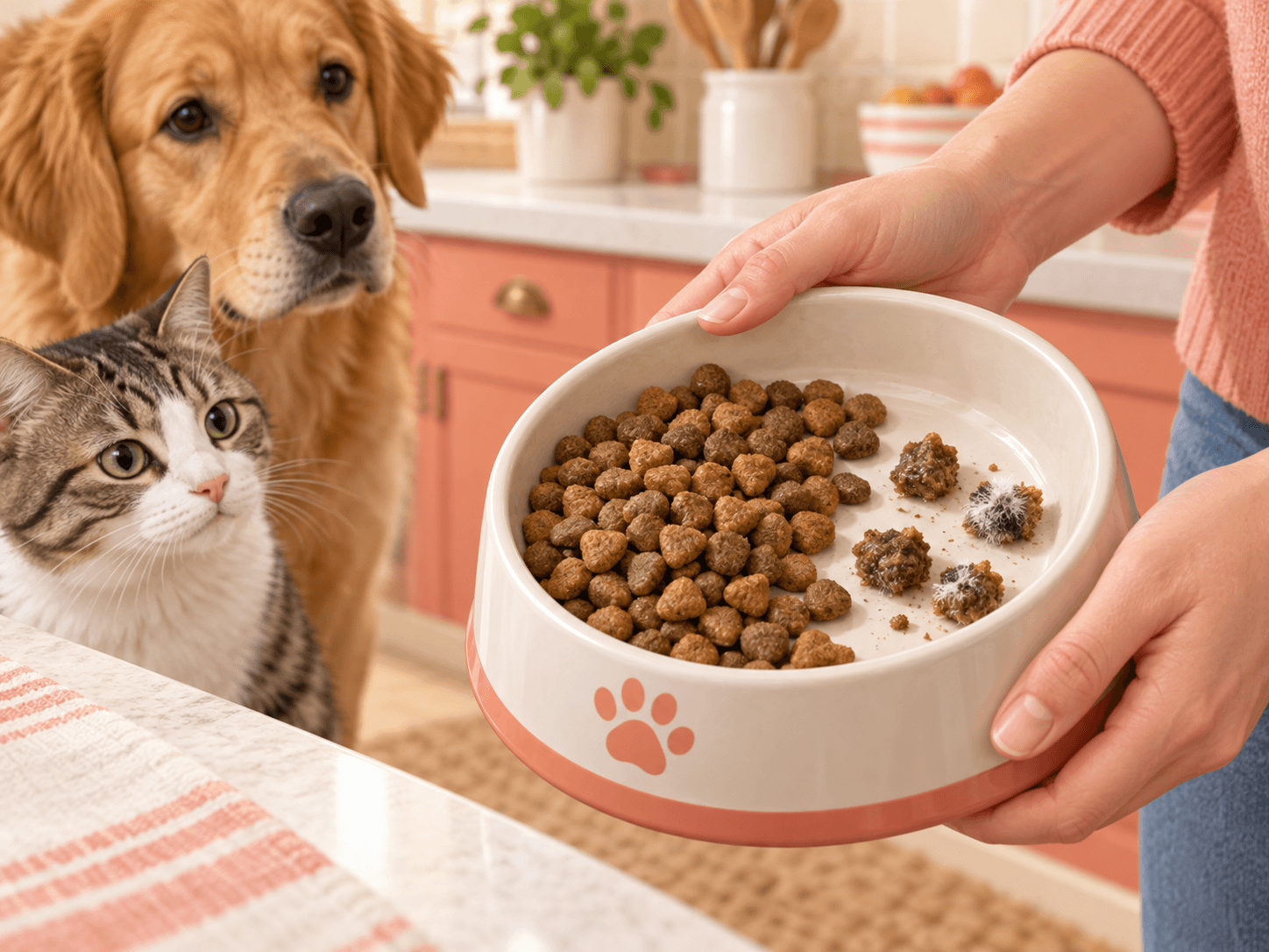 A pet owner keeps a bowl of suspect clumped kibble away from a dog and cat.